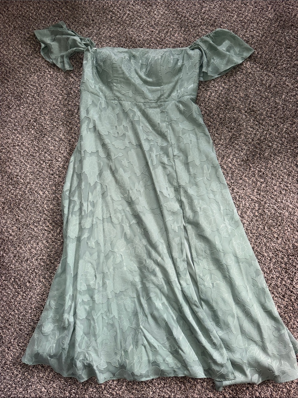 Azazi Sue Off-Shoulder Sage Green Floral Midi Dress color matcha